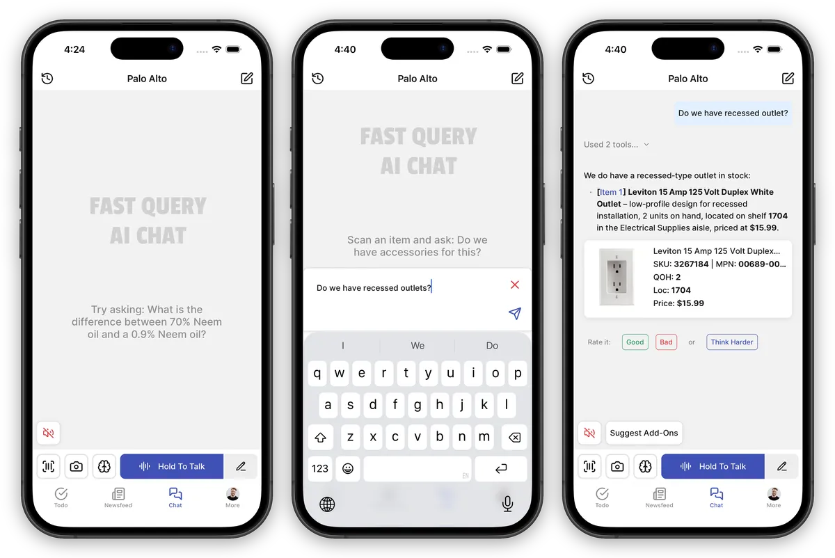 AI chat on the phone: An associate asks whether the store has recessed outlets. The answer names the item, the shelf, the price, and the stock on hand.